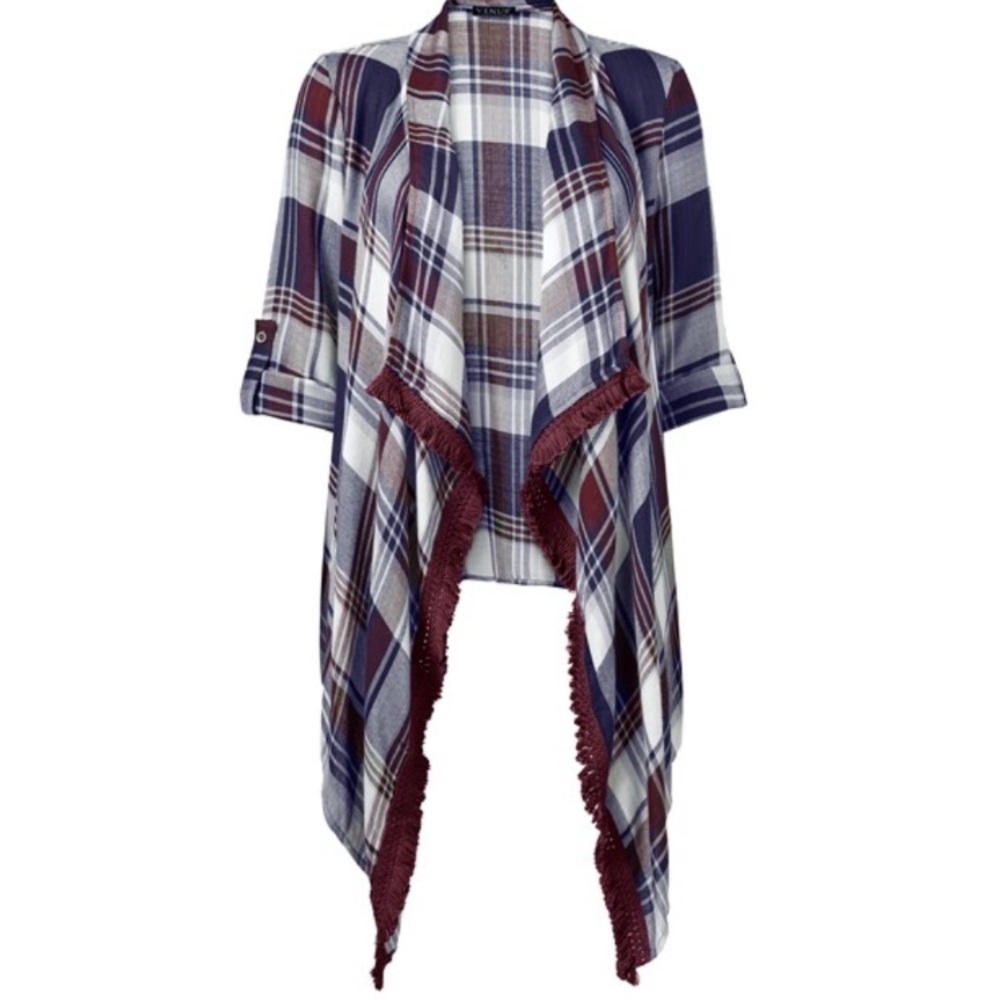 Plaid and fringe cardigan
